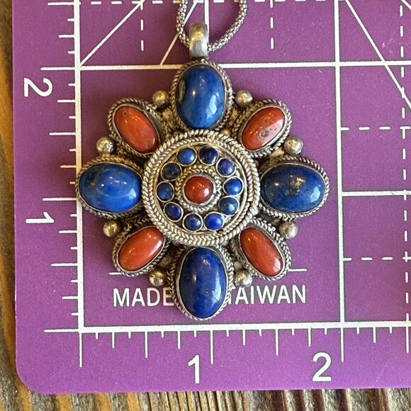 Sterling Silver Lapis Coral Jasper Bali Style Ghau Box Poison Locket Necklace - Picture 8 of 9